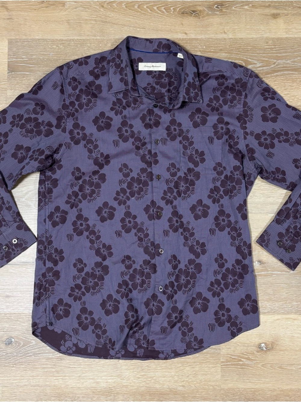 Tommy Bahama Brown Floral on Elderberry Check Point Collar ButtonUP Shirt Men L